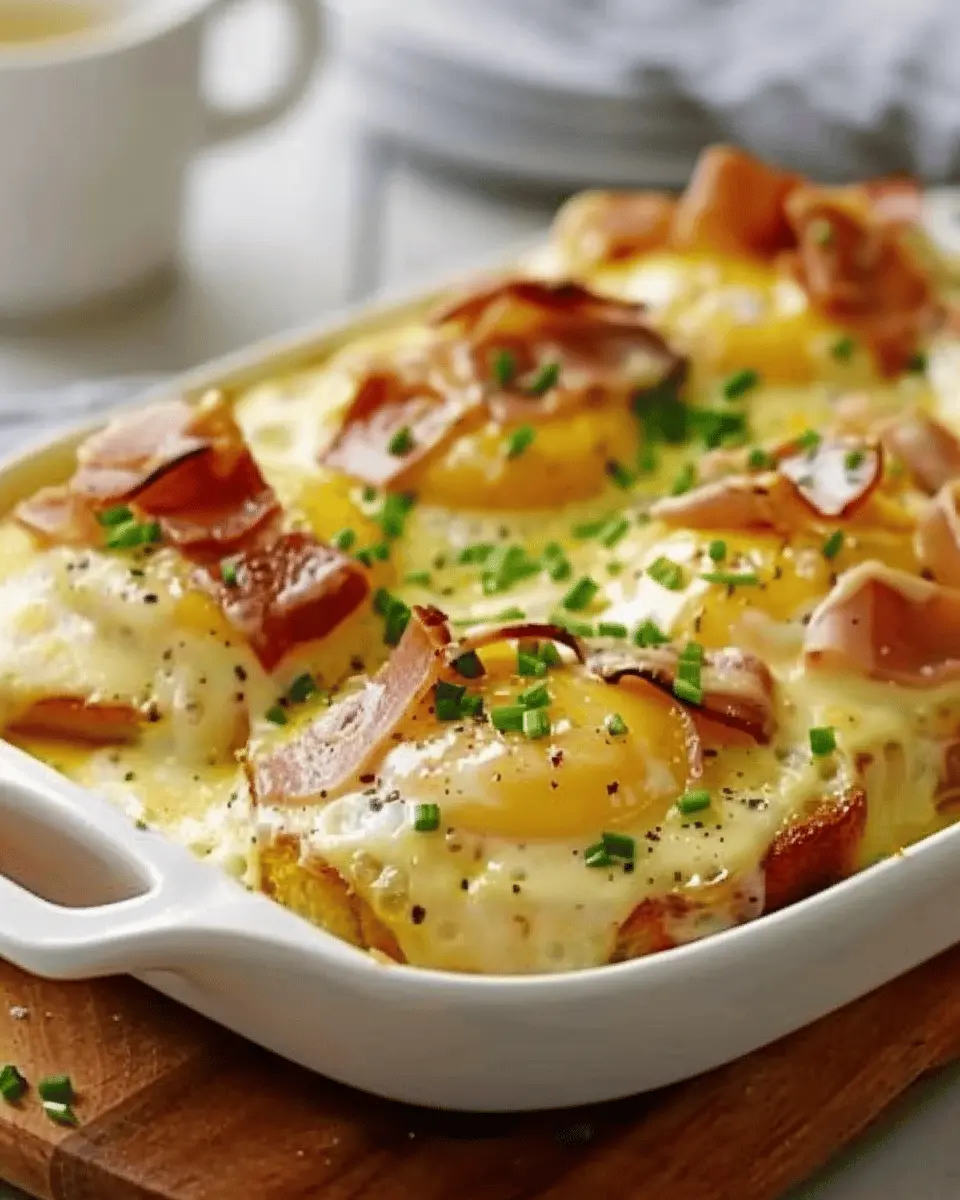 Eggs Benedict Casserole with Turkey Bacon and Chicken Ham Delight