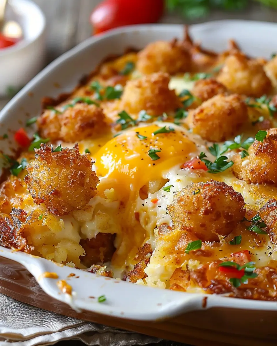 Crispy Tater Tot Breakfast Casserole with Turkey Bacon Delight